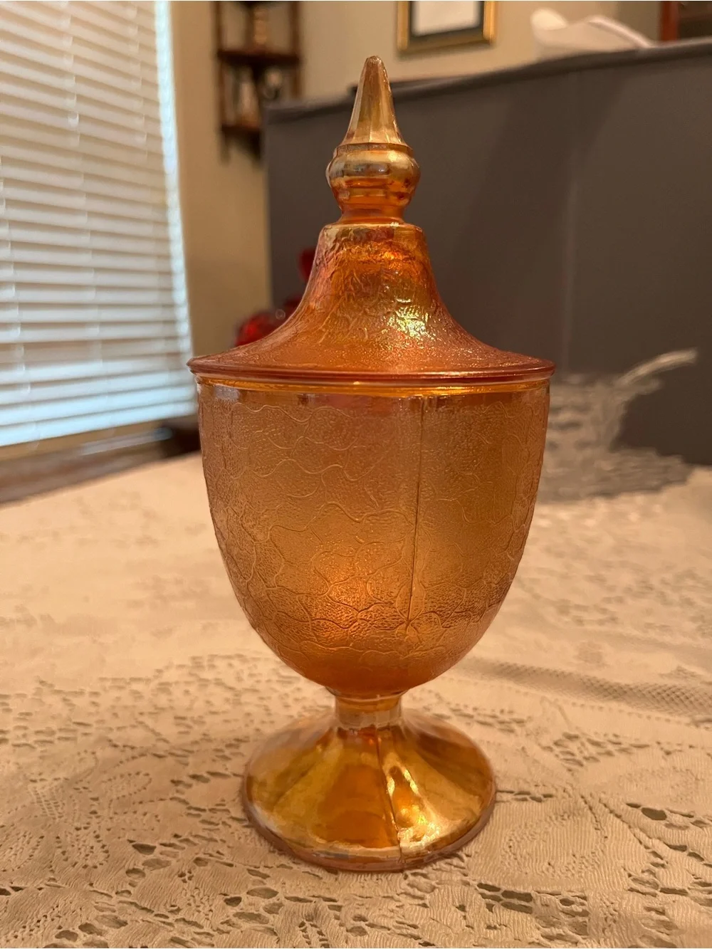 Vintage Marigold Carnival Glass Apothecary Fairy Lamp Pedestal Jar
